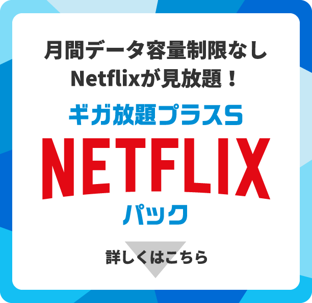 月間データ容量制限なしNetflixが見放題！ ギガ放題プラスS NETFLIXパック 詳しくはこちら